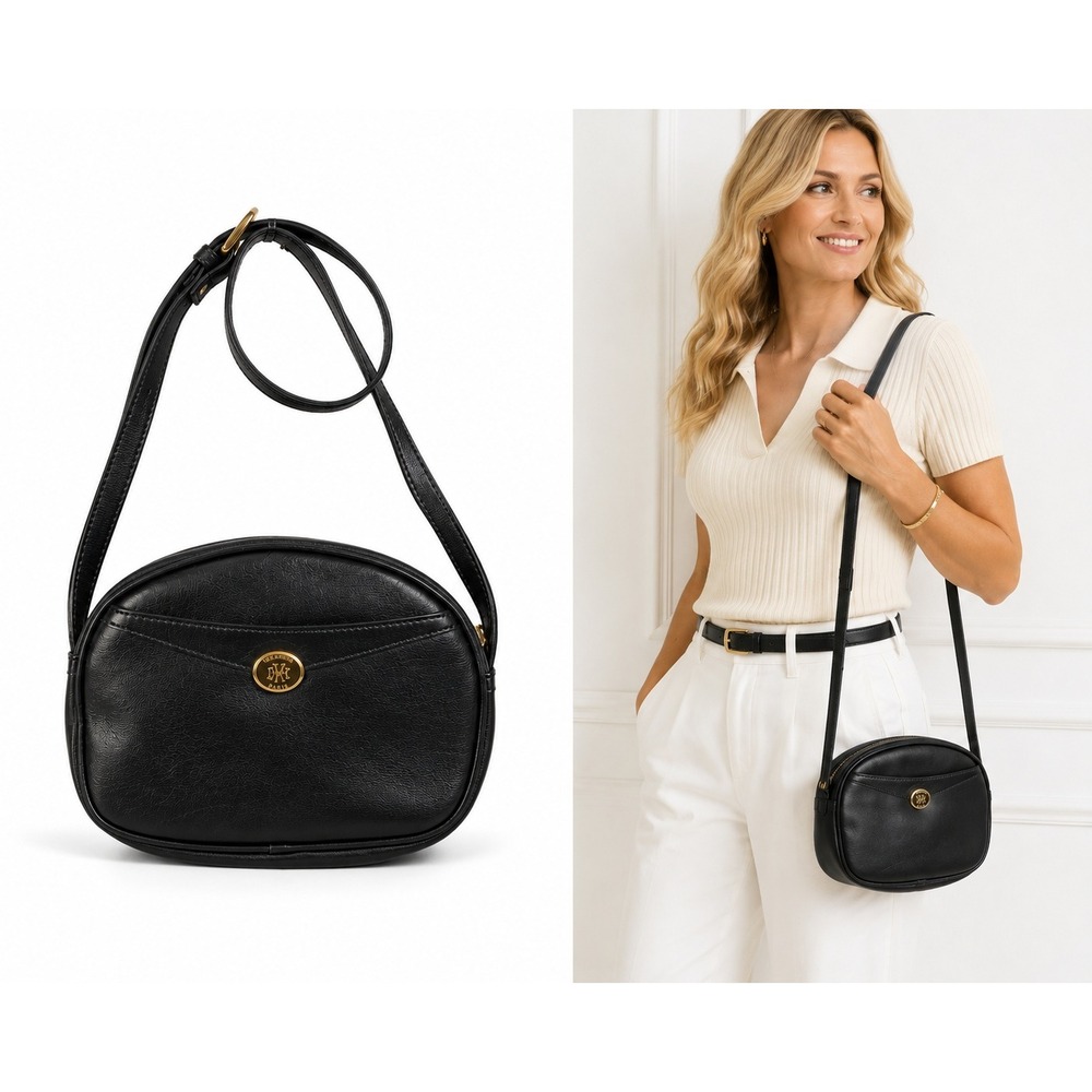 Hexagona Paris Handbag Purse  Black Oval Leather‎ Shoulder Bag Vintage Classic